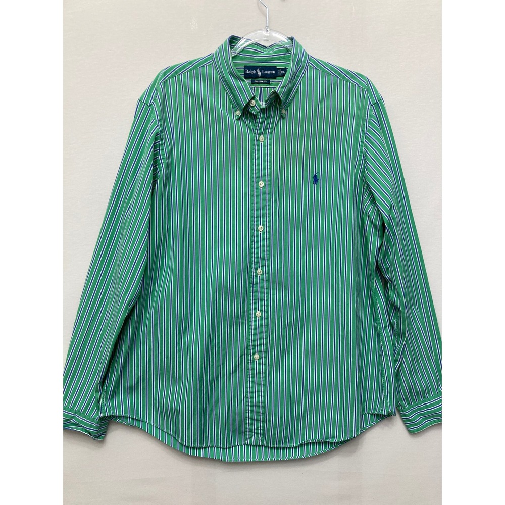 Polo Ralph Lauren Mens XL Custom Fit Striped Button Down Shirt Green Blue Pony